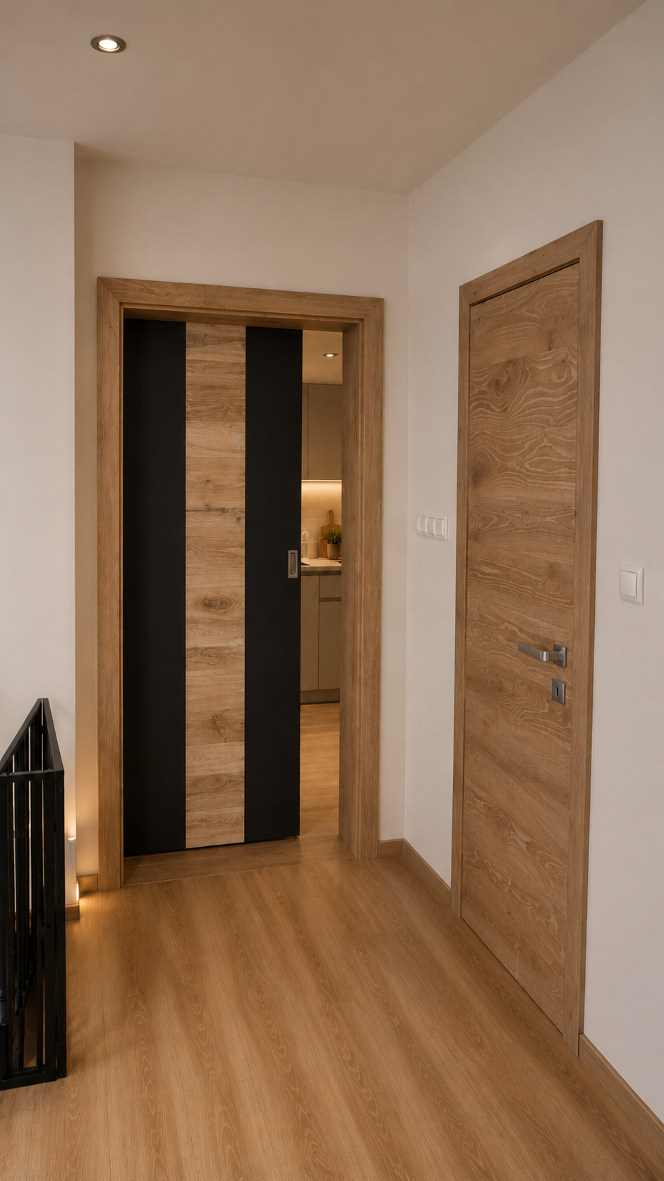 Črna notranja vrata H-design s hrastovim vložkom - belo olje