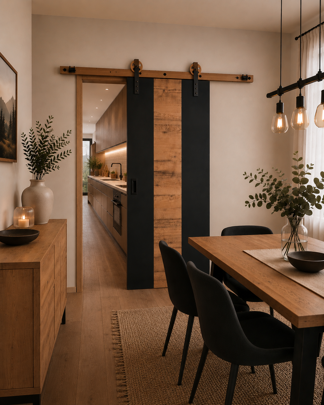Črna notranja vrata H-design s hrastovim vložkom - natur olje